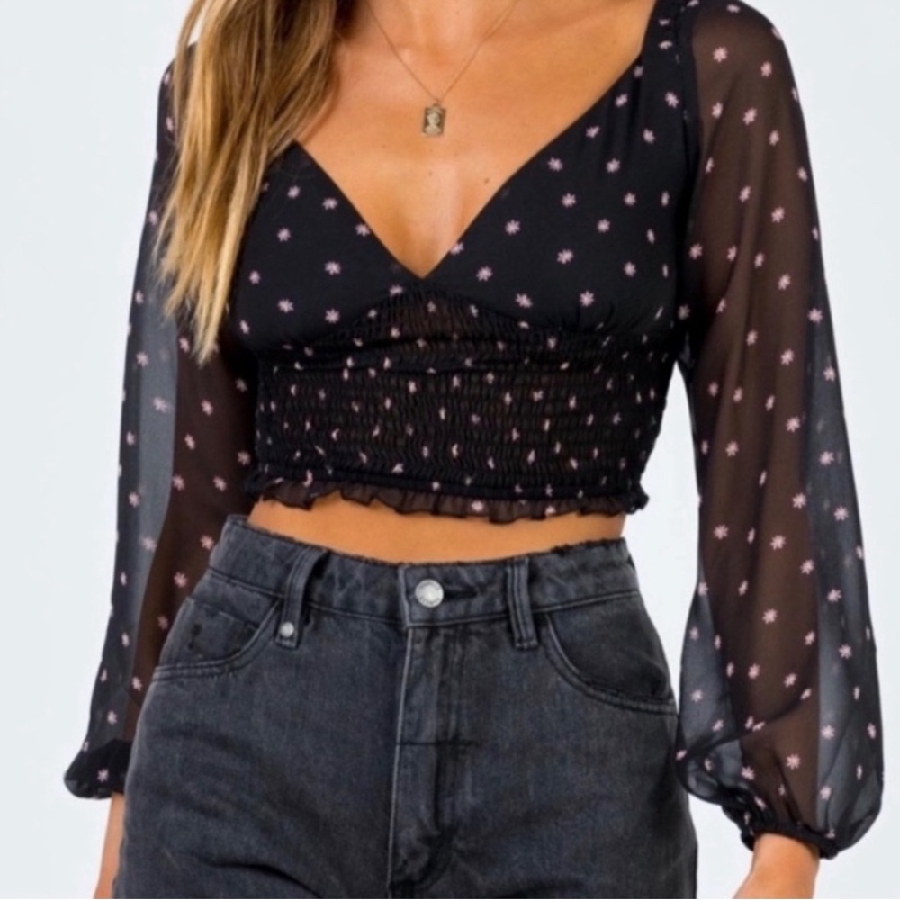 Princess Polly Kingston Black Floral Long Sleeve Sheer Crop Top